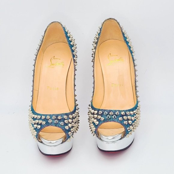 CHRISTIAN LOUBOUTIN Pumps Lady Peep Spike 150 Heels 36 Turquoise Violet Silver - Picture 4 of 10